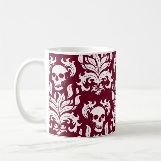 Skull Flame Damask i skarp vit på djupt rött Kaffemugg (Vänster)