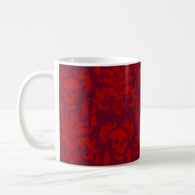 Skull Flame Damask in moody red på rött Kaffemugg (Vänster)