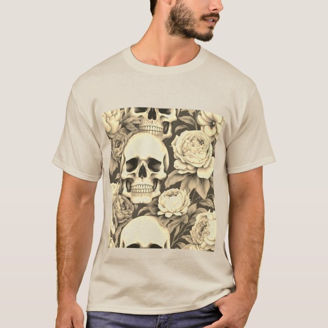 Skull för vintage-gotik-Blommigt T Shirt (Framsida)