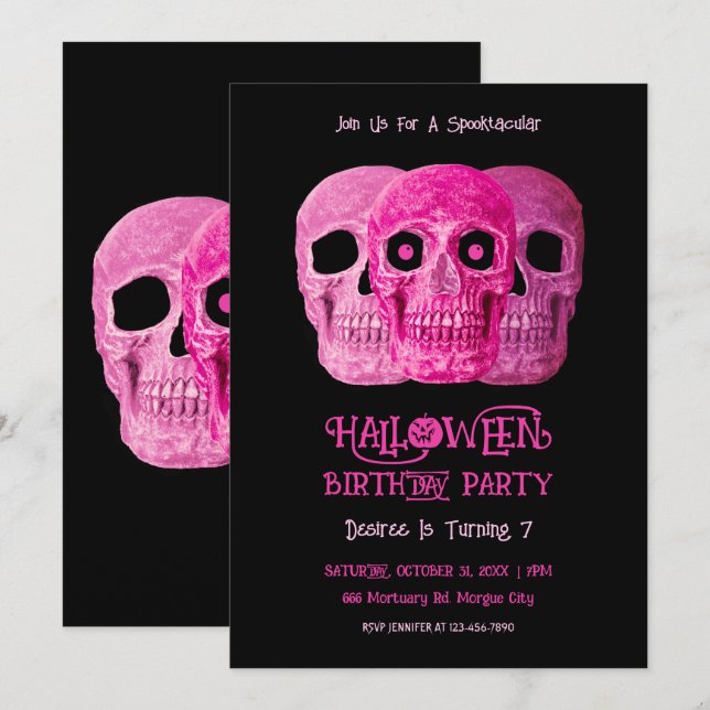 Skull Funny Gothic Girly Rosa Halloween Birthday Inbjudningar (Fram/baksida)