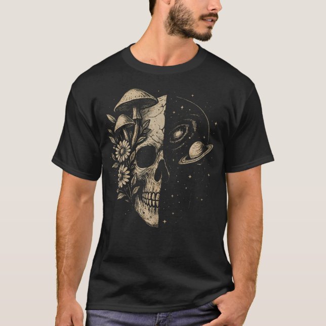 Skull Galaxy Mushroom Flowers Cosmos Aesthetic Spi T Shirt (Framsida)