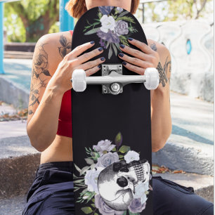 Skull Goth Black White Blommigt Flower Mini Skateboard Bräda 18,5 Cm