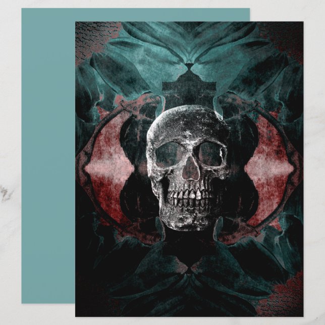 Skull Gothic Blommigt Teal Black Grunge Struktur (Fram/baksida)