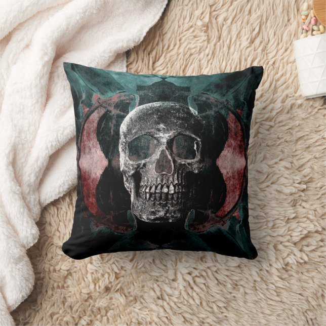 Skull Gothic Blommigt Teal Black Grunge Struktur Kudde (Filt)