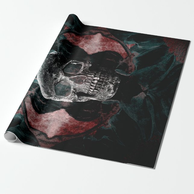 Skull Gothic Blommigt Teal Black Grunge Struktur Presentpapper (Utrullad)