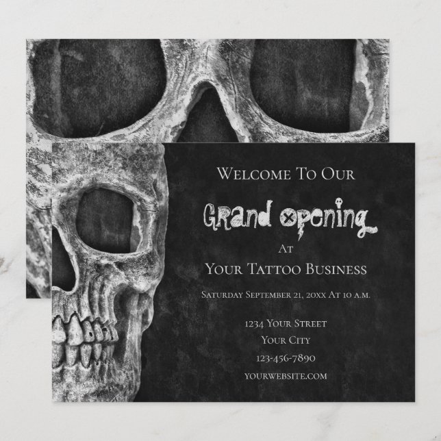 Skull Gothic Grand Open Black White Tatto Shop Inbjudningar (Fram/baksida)