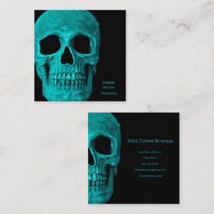 Skull Gothic Mörk Teal Black Macabre Tatto Shop Fyrkantigt Visitkort