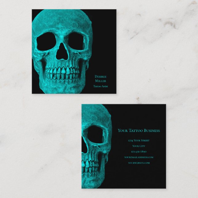 Skull Gothic Mörk Teal Black Macabre Tatto Shop Fyrkantigt Visitkort (Fram/baksida)