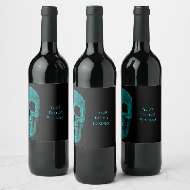 Skull Gothic Mörk Teal Black Macabre Tatto Shop Vinflaska Etikett (Flaskor)