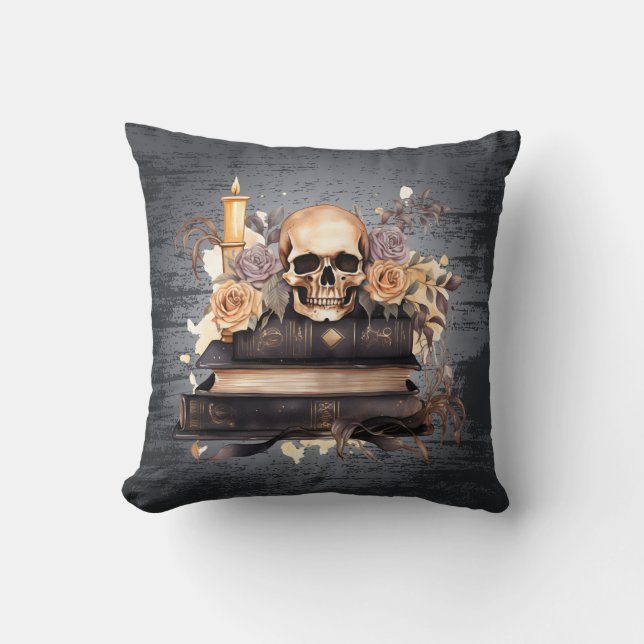 Skull Grått och Guld Ro Black Halloween Kudde (Framsida)