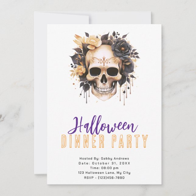 Skull Guld och Black Ro Halloween Middag Party Inbjudningar (Framsida)