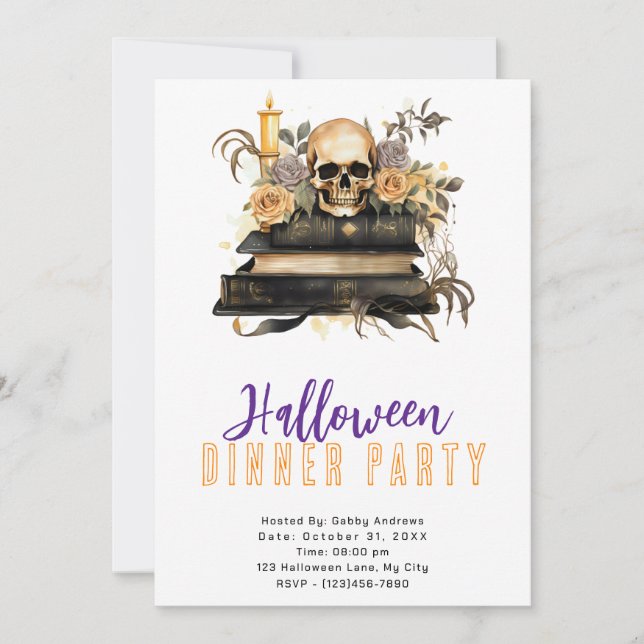 Skull Guld och Grå Rosor Halloween Middagsparty Inbjudningar (Framsida)
