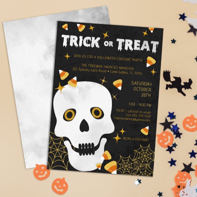 Skull Halloween Costume Party Inbjudan för barn (Watercolor Trick Or Treat Halloween Costume Party Invitation)