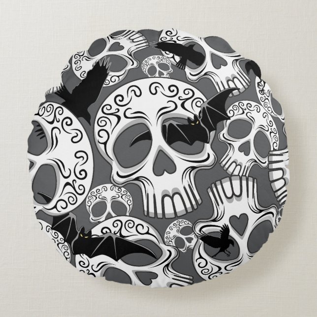 Skull Halloween Decorative Calaveras Rund Kudde (Framsidan)