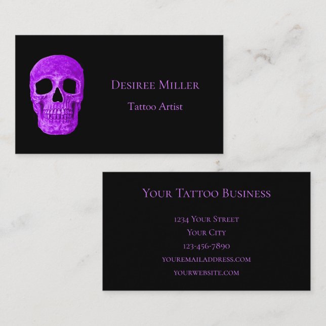 Skull Head Gothic Neon Lila Black Tatto Shop Visitkort (Fram/baksida)