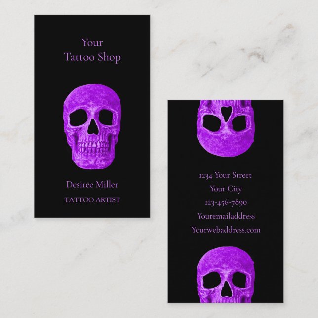 Skull Head Gothic Neon Lila Black Tatto Shop Visitkort (Fram/baksida)