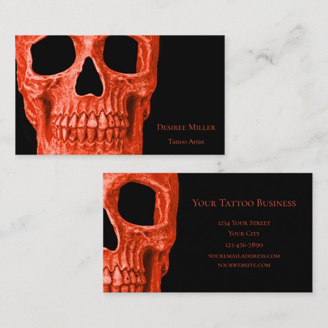 Skull Head Gothic Neon Orange Black Tatto Shop Visitkort (Fram/baksida)