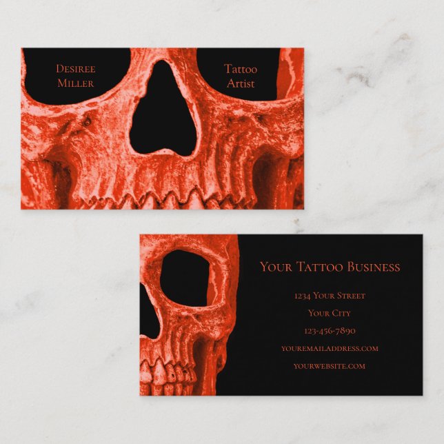 Skull Head Gothic Neon Orange Black Tatto Shop Visitkort (Fram/baksida)