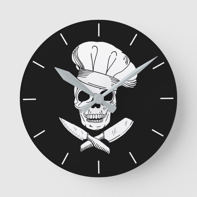 Skull i Chef Baker Hat och Knivar Kitchen Rund Klocka (Framsida)