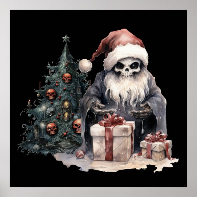 Skull i Santa hat med gothic Julgran Poster (Framsidan)