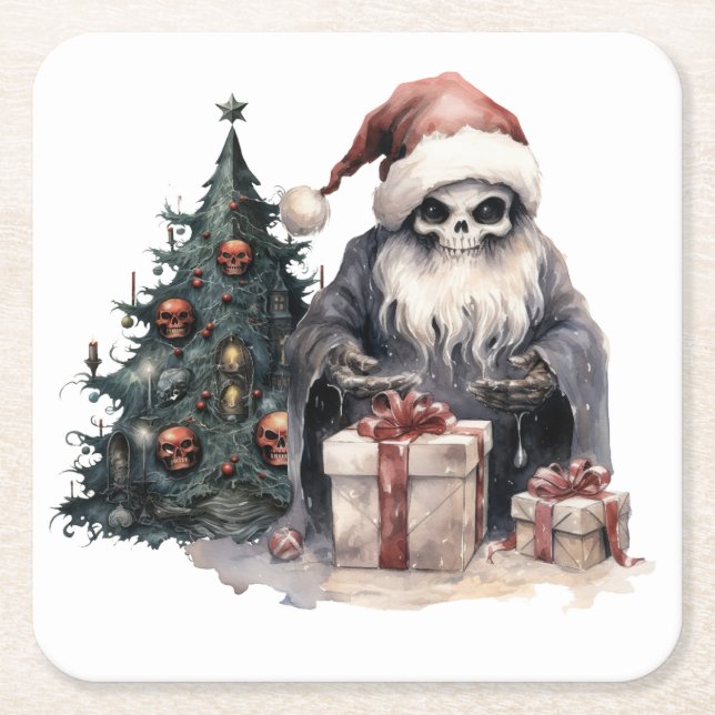 Skull i Santa hat med gothic Julgran Underlägg Papper Kvadrat (Framsidan)