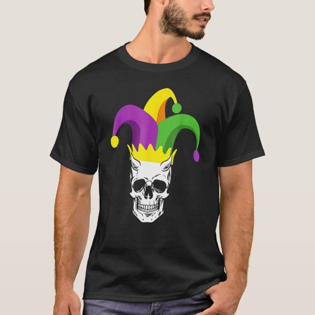 Skull Jester Hat Funny Parad Costume Funny Mardi T Shirt (Framsida)