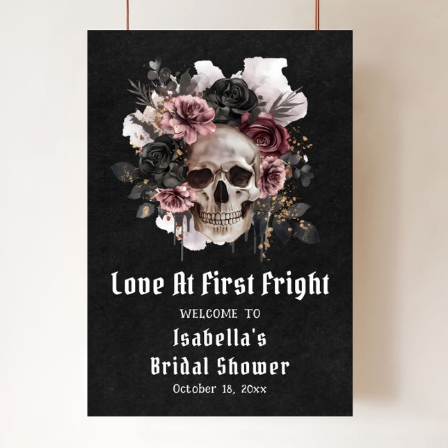 Skull Kärlek vid första högerkanten av Möhippan Vä Poster (Halloween Love At First Bridal Shower Welcome Sign)