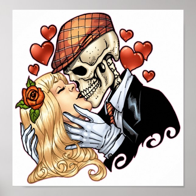 Skull Kiss med Hearts och Ro av Al Rio Poster (Framsidan)
