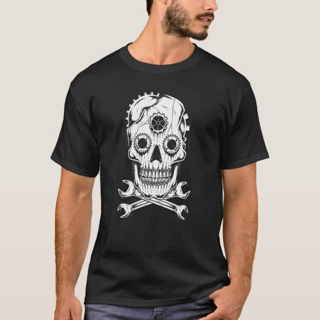 Skull Kor Wrench Gearhead Car Mechanics Hallowee T Shirt (Framsida)