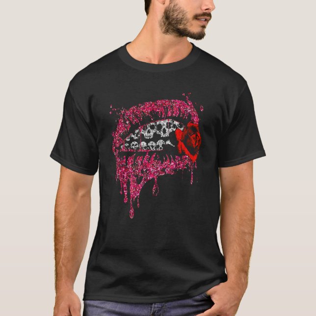 Skull Läppar Biting Ro Skull Mouth Halloween T Shirt (Framsida)
