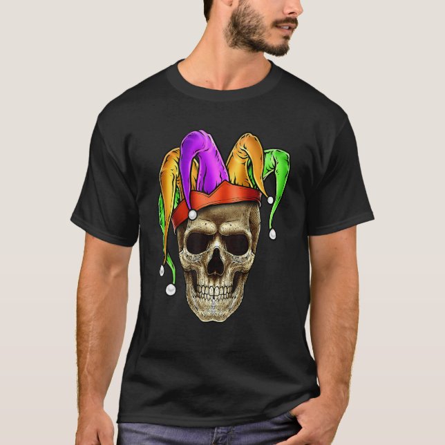 Skull Mardi Gras Jester Joker Carnival NOLA Louisi T Shirt (Framsida)