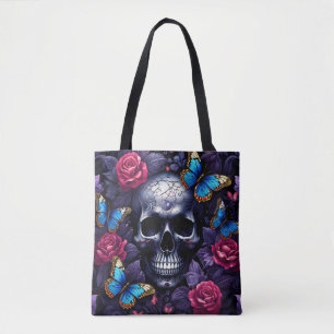Skull med blå fjärilar och Röd ros Goth Tygkasse
