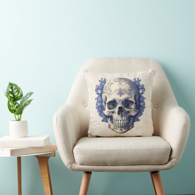 Skull med Blåa blommor Burlap Halloween Kudde (Stol)