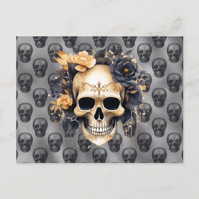 Skull med Black och Guld Ro Silver Halloween Helg Vykort (Framsida)