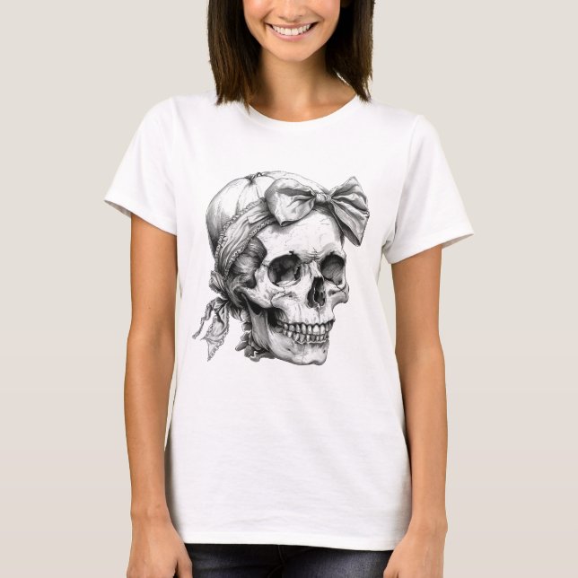 Skull med Bow Halloween T-Shirt-skena det riktiga  T Shirt (Framsida)