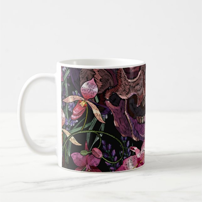 Skull med broderade skinn: Gothic Orchid Mönster Kaffemugg (Vänster)