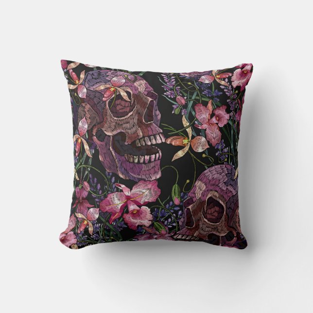 Skull med broderade skinn: Gothic Orchid Mönster Kudde (Framsida)