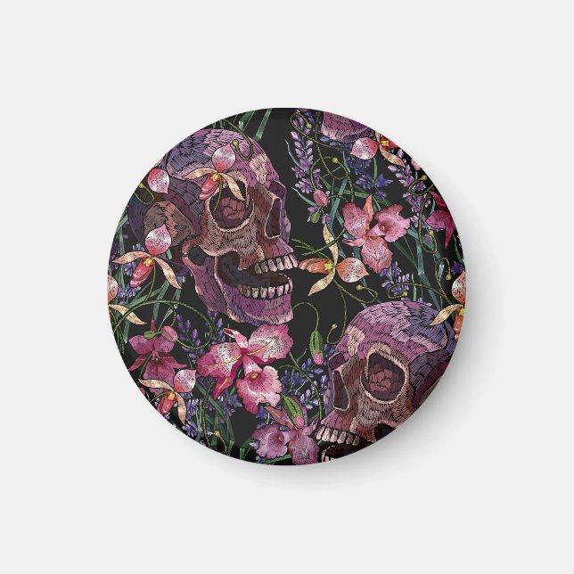 Skull med broderade skinn: Gothic Orchid Mönster Magnet (Framsidan)