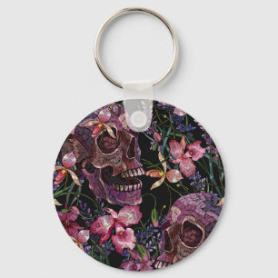 Skull med broderade skinn: Gothic Orchid Mönster Nyckelring