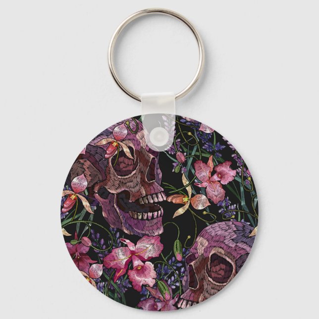 Skull med broderade skinn: Gothic Orchid Mönster Nyckelring (Framsida)