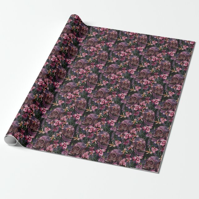 Skull med broderade skinn: Gothic Orchid Mönster Presentpapper (Utrullad)