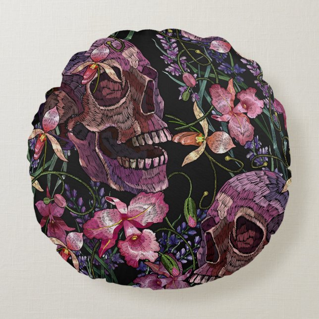 Skull med broderade skinn: Gothic Orchid Mönster Rund Kudde (Framsidan)