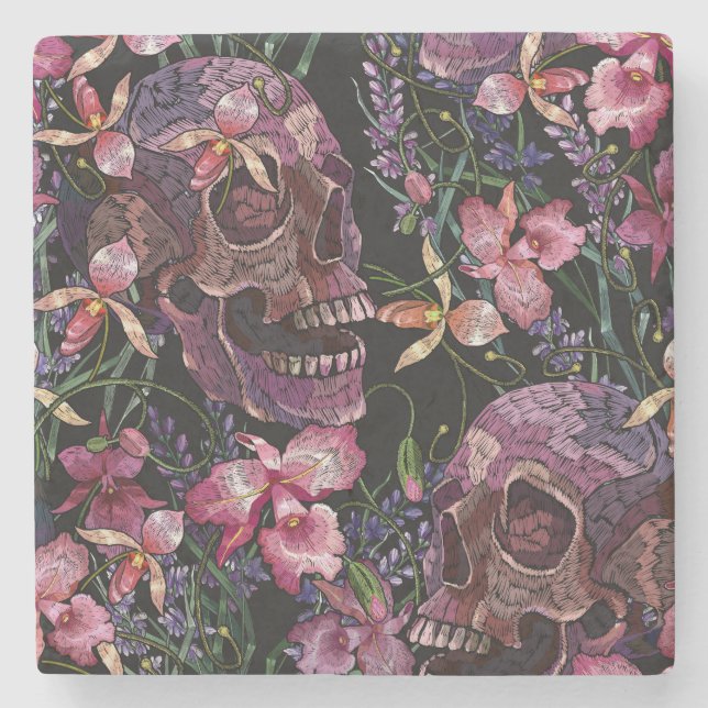 Skull med broderade skinn: Gothic Orchid Mönster Stenunderlägg (Framsidan)