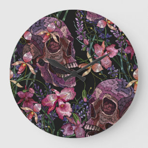 Skull med broderade skinn: Gothic Orchid Mönster Stor Klocka