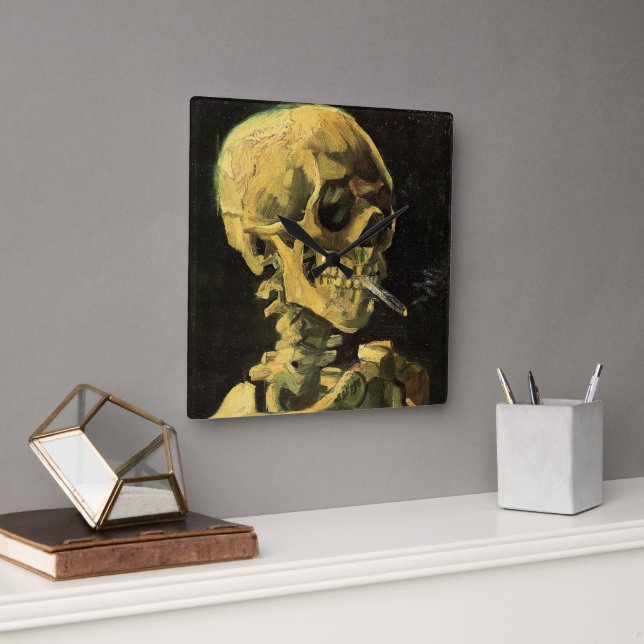 Skull med Burning Cigarette av Vincent van Gogh Fyrkantig Klocka (Kontor)