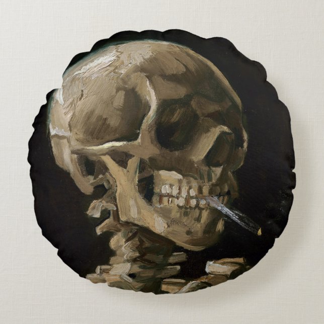 Skull med Burning Cigarette Vincent van Gogh Art Rund Kudde (Framsidan)