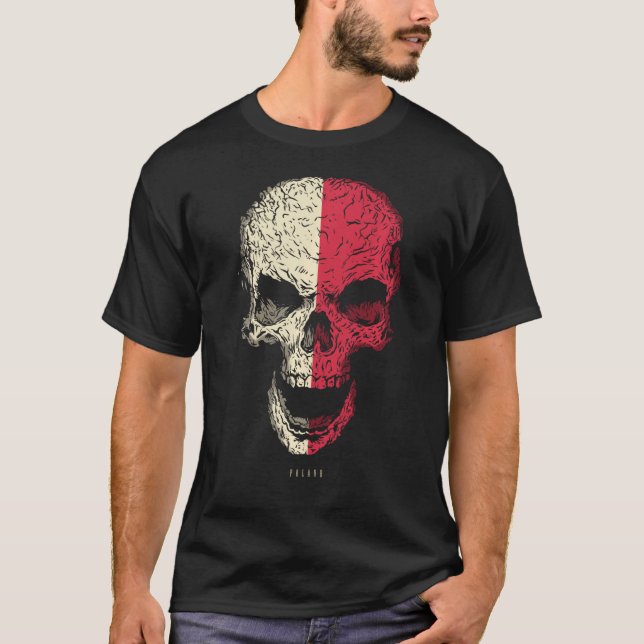 Skull med Flagga Skeleton Polska rötter T Shirt (Framsida)