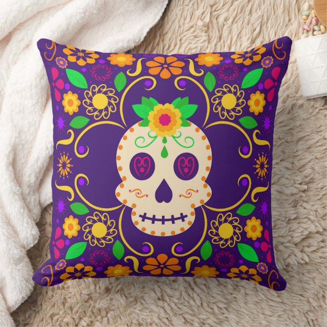 Skull med Flowers Día de los Muertos Dekorativ kud Kudde (Filt)