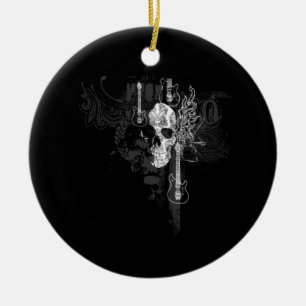 Skull med gitarrer julgransprydnad keramik