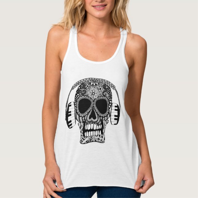 Skull med hörlurar, Tanktop Linne Med Racerback (Framsida)
